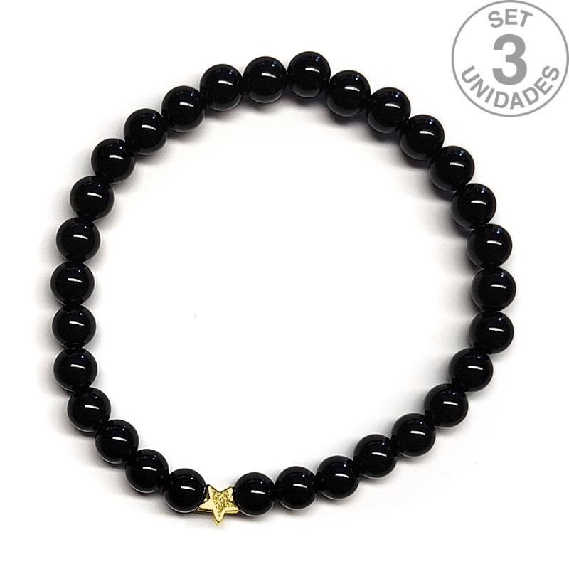Pulsera de Ónix (bolas 6mm) + estrella dorada. Set 3 Un.