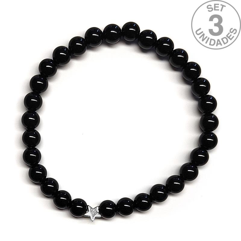 Pulsera de Ónix (bolas 6mm) + estrella plateada. Set 3 Un.