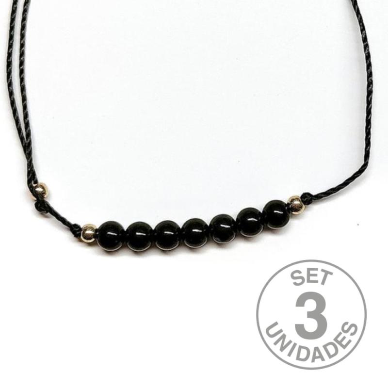Bracelet en perles de Onyx de 4 mm sur fil noir réglable. Set 3 Un.
