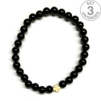 Pulsera de Ónix (bolas 6mm) + trébol dorado. Set 3 Un.