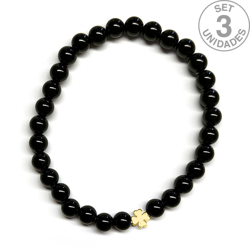 Pulsera de Ónix (bolas 6mm) + trébol dorado. Set 3 Un.