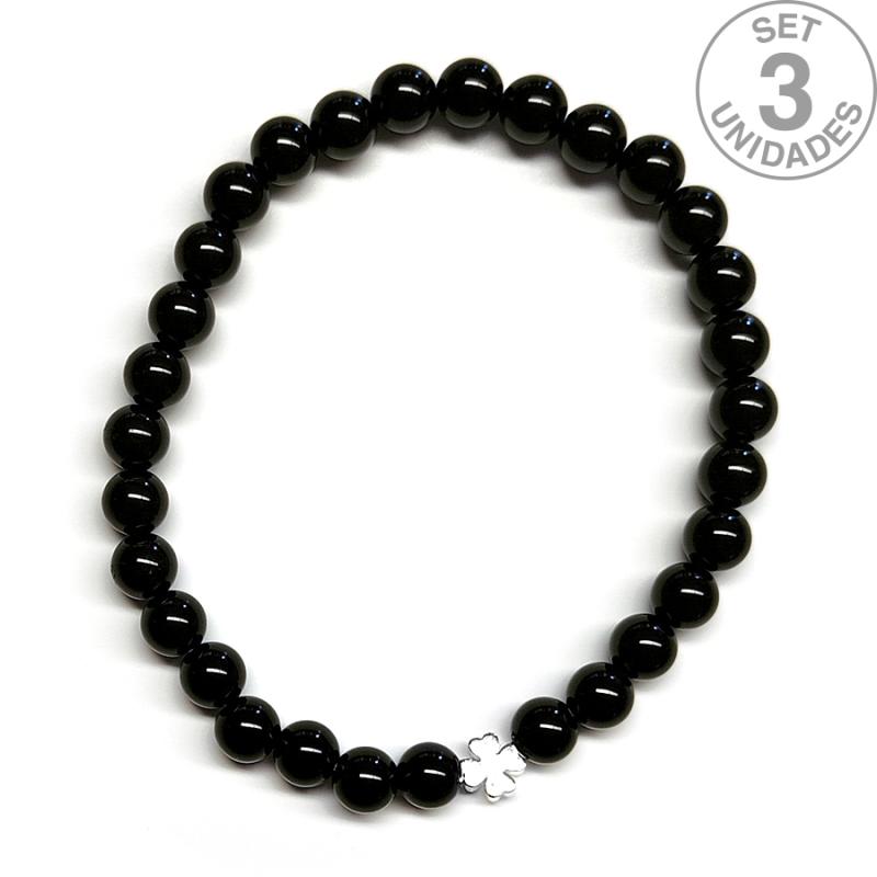 Pulsera de Ónix (bolas 6mm) + trébol plateado. Set 3 Un.