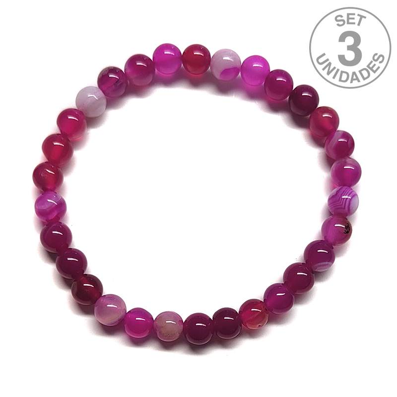 Pulsera Ágata Rosa (Bola 6mm). Set 3 Un.