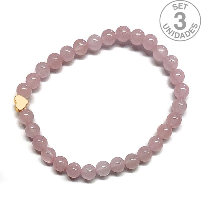 Pulsera de Cuarzo Rosa (bolas 6mm) + corazón dorado. Set 3 Un.