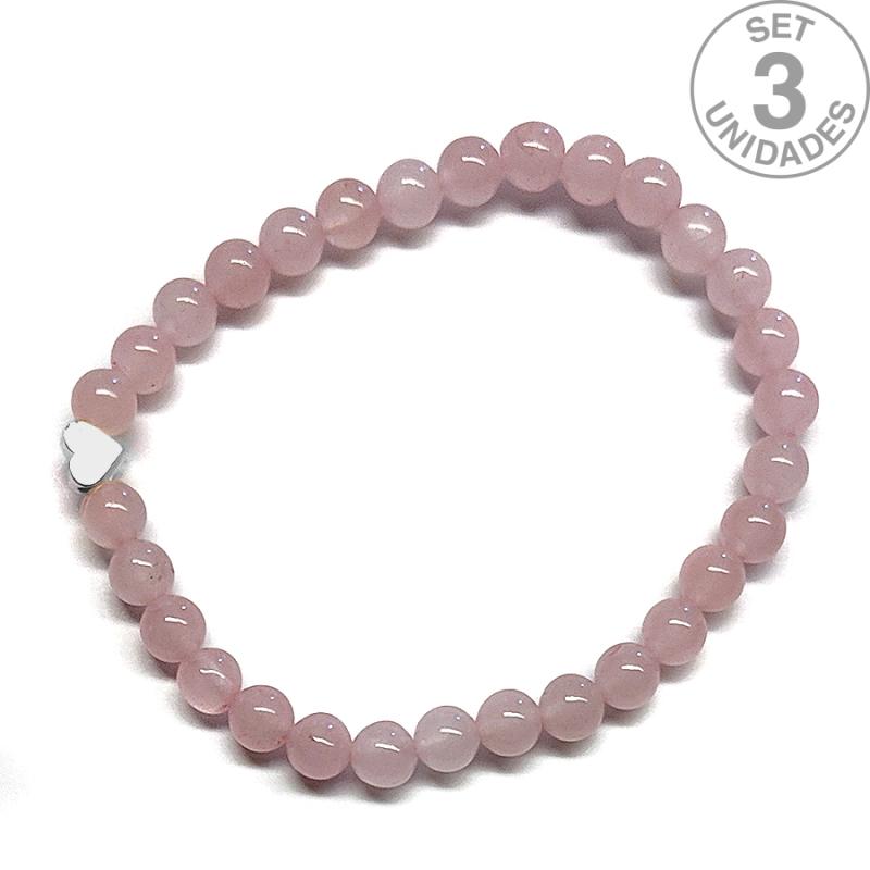 Pulsera de Cuarzo Rosa (bolas 6mm) + corazón plateado. Set 3 Un.