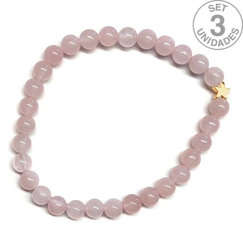 Pulsera de Cuarzo Rosa (bolas 6mm) + estrella dorada. Set 3 Un.