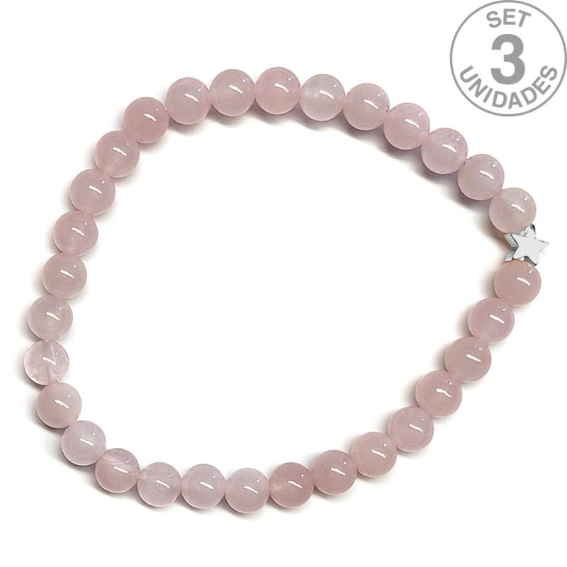 Pulsera de Cuarzo Rosa (bolas 6mm) + estrella plateada. Set 3 Un.