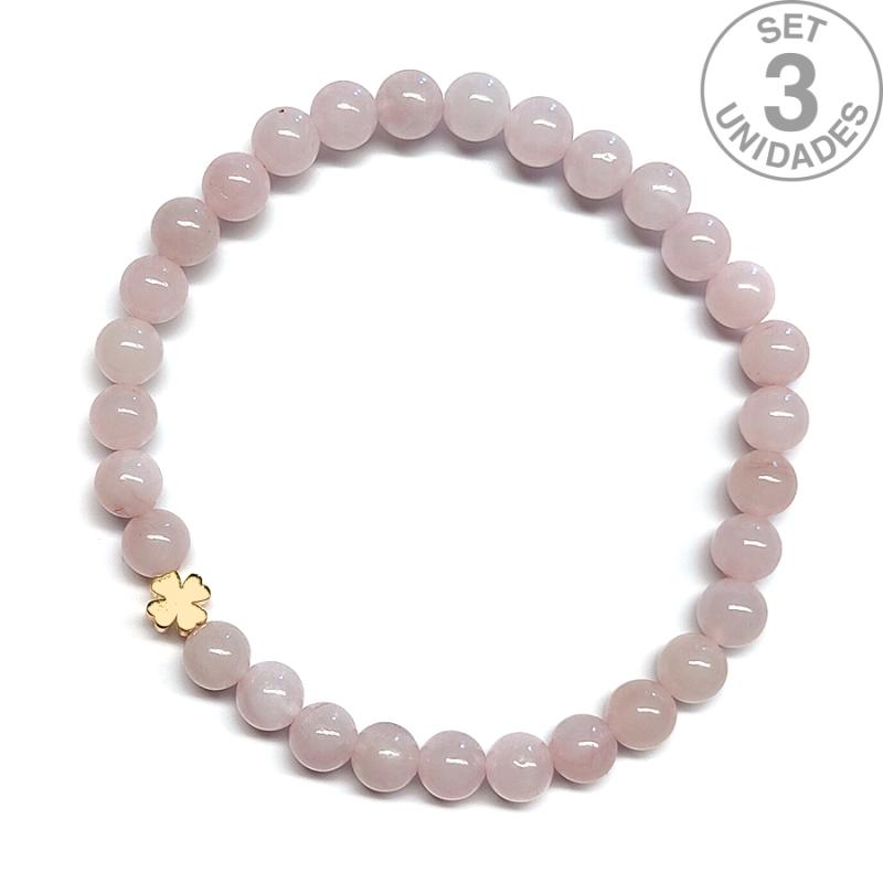 Pulsera de Cuarzo Rosa (bolas 6mm) + trébol dorado. Set 3 Un.