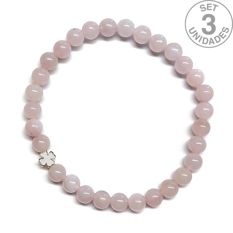 Pulsera de Cuarzo Rosa (bolas 6mm) + trébol plateado. Set 3 Un.
