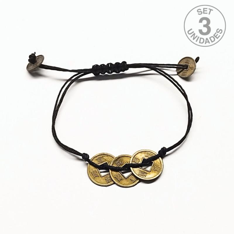 Pulsera 3 Monedas con hilo Negro. Set 3 Un.