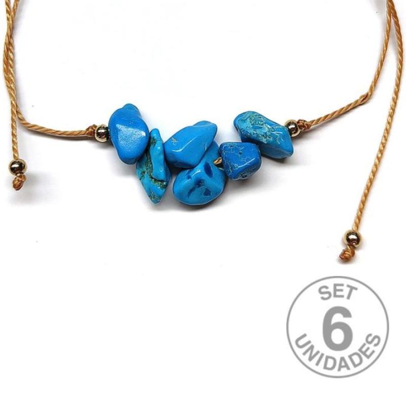 Pulsera de chip de Turquenita en hilo beige ajustable. Set 6 Un.