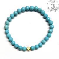 Pulsera de Turquenita (bolas 6mm) + trébol dorado. Set 3 Un.