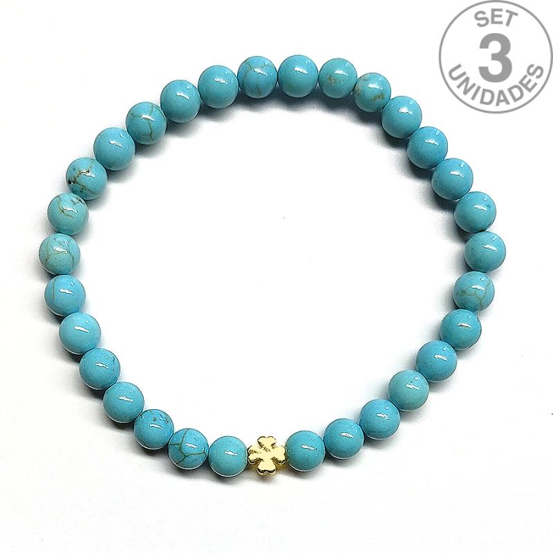 Pulsera de Turquenita (bolas 6mm) + trébol dorado. Set 3 Un.